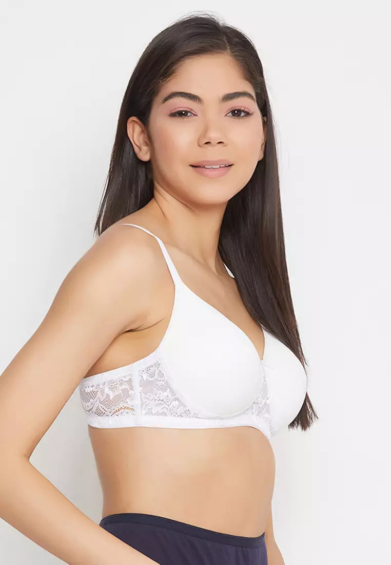 Lace Padded Non-Wired Full Coverage Bra in White