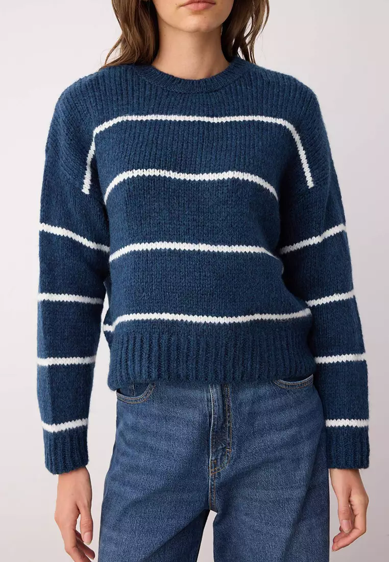 Navy Blue*001 Wide Fit Soft Textured Striped Basic Knitwear Sweater