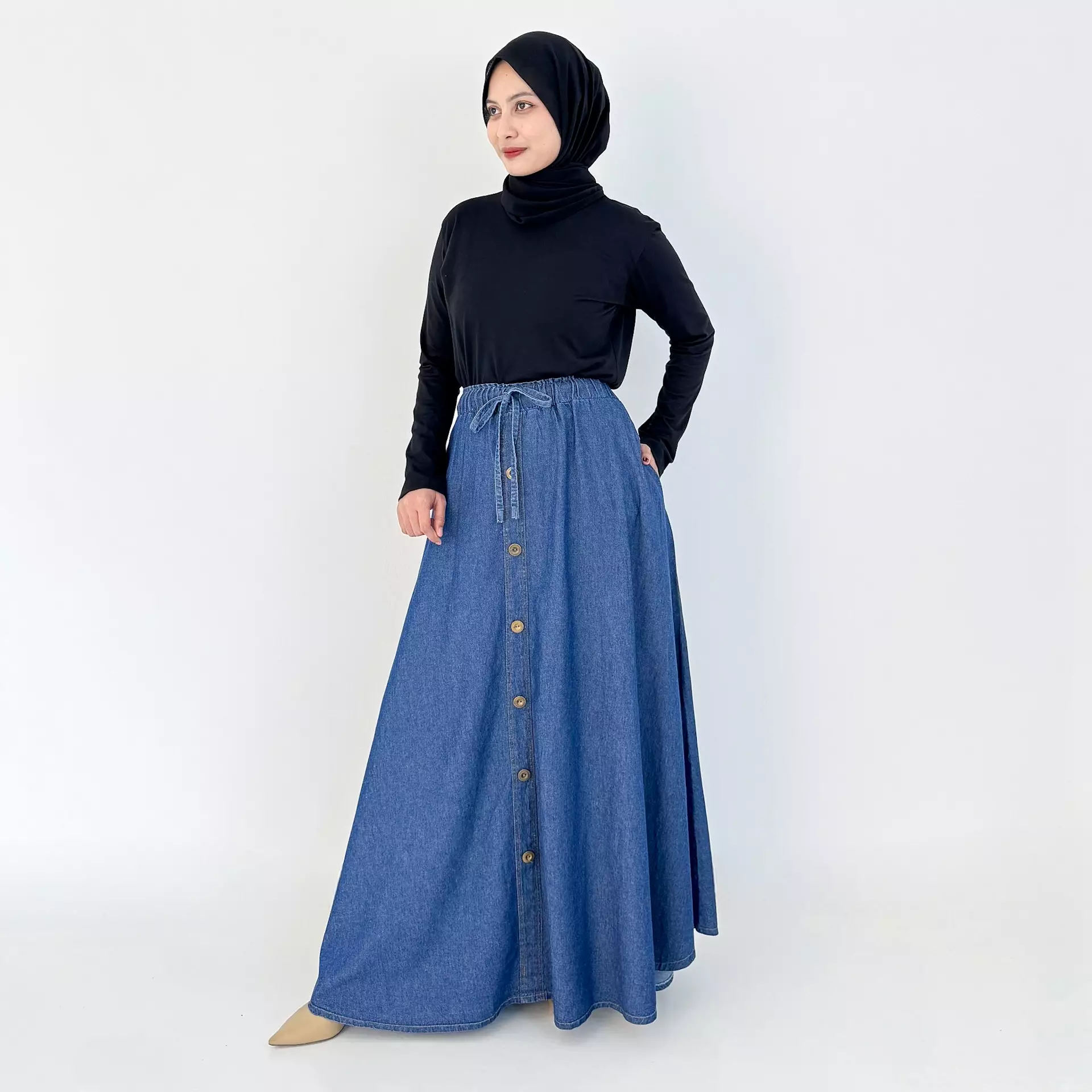 Niki Denim Flare Skirt BIRU TUA Rok Panjang Wanita Panjang 102 cm