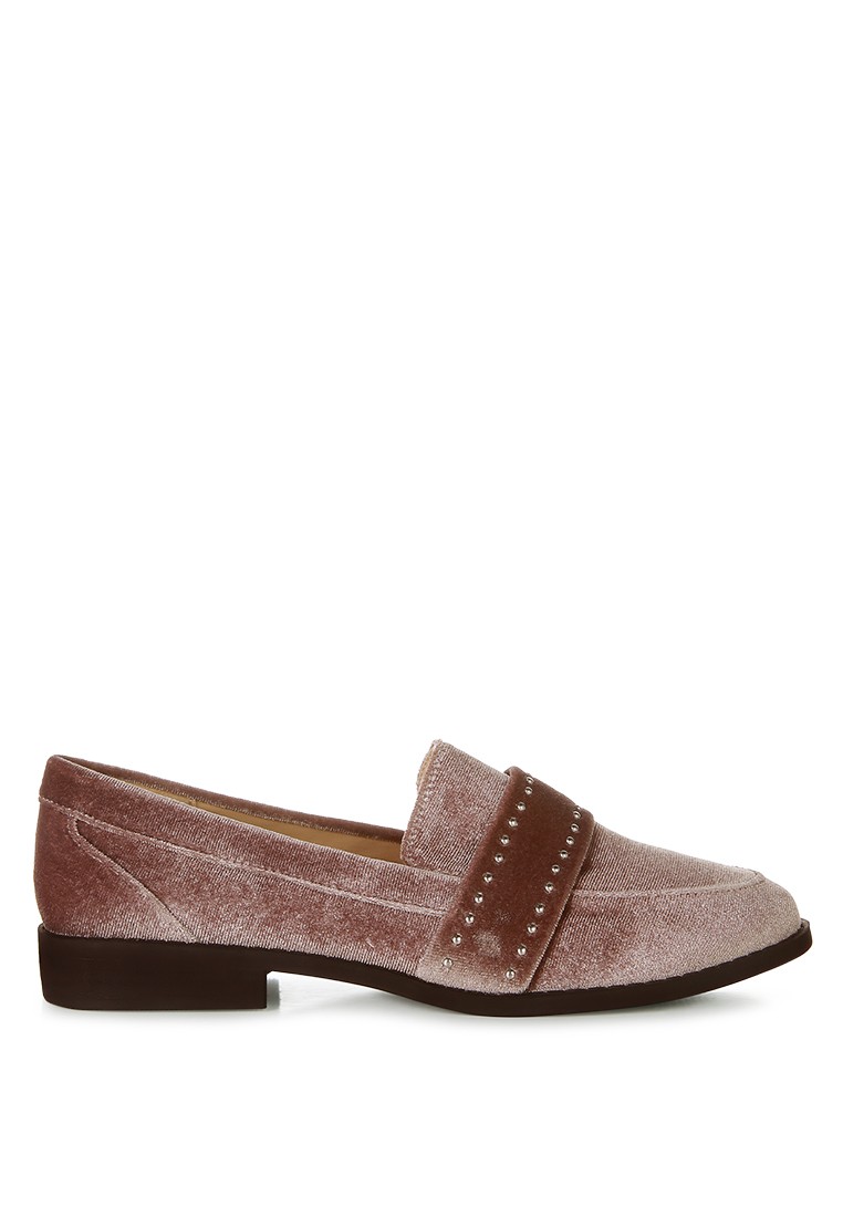 Taupe Stud Detail Velvet Loafers