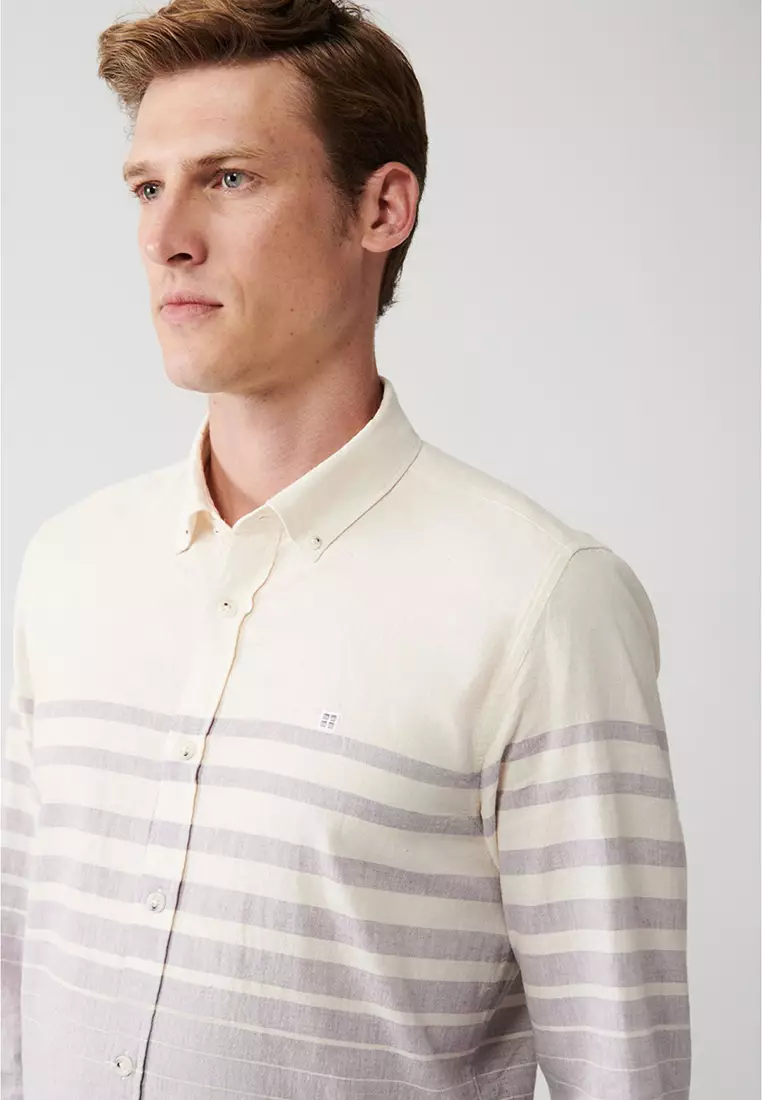 Men's Light Purple Cotton Linen Blended Striped Shirt A31Y2268