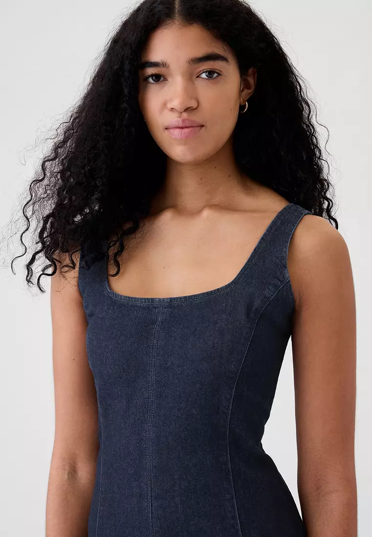 Square Neck Midi Denim Dress