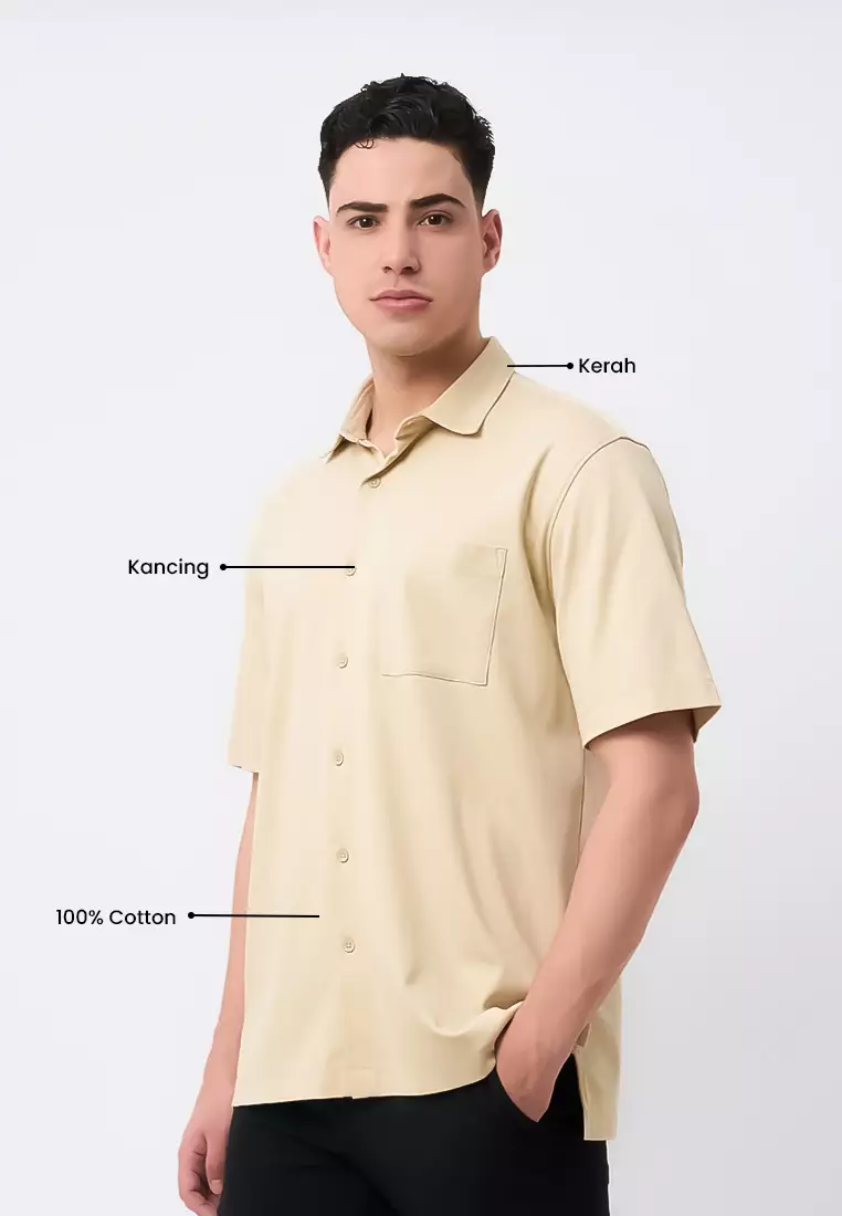 MANZONE - Kemeja Lengan Pendek Interclock Pria Hubner 6 Comfort Fit - Beige Warna Beige