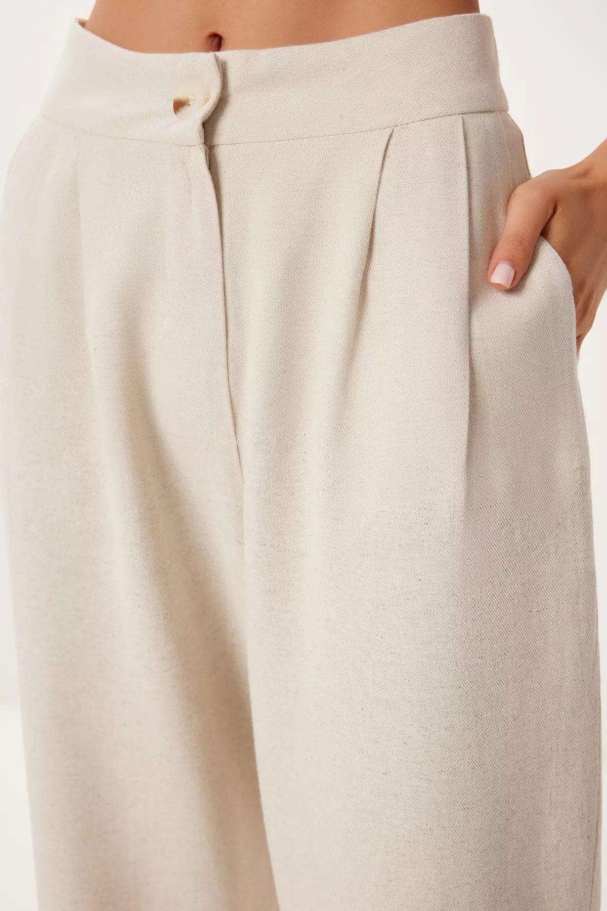 Women's Cream Pocket Linen Baggy Trousers Bv00164