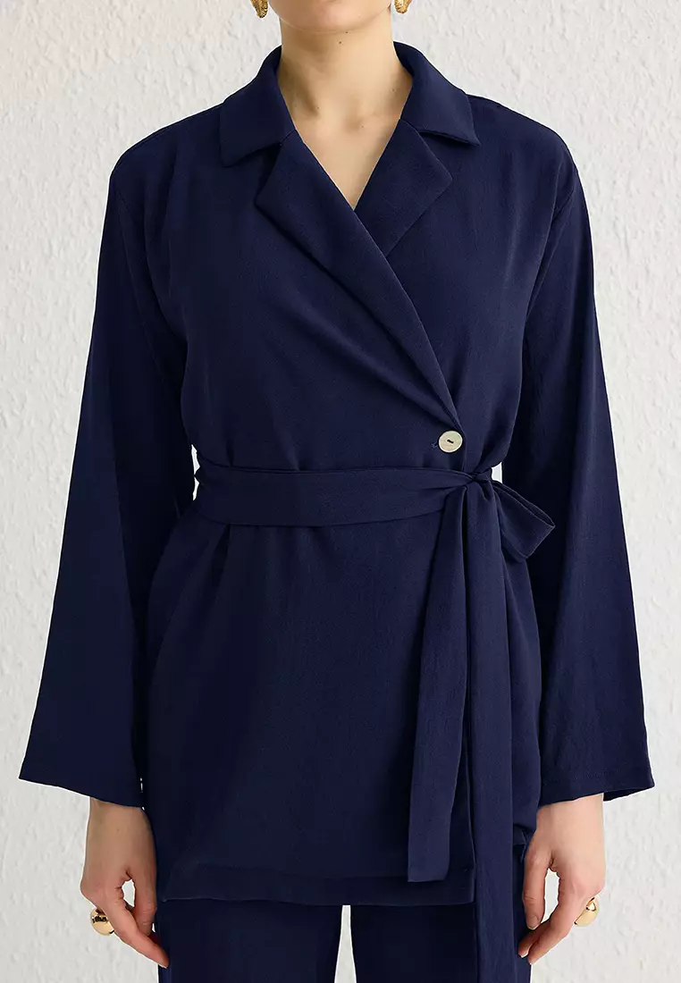 Navy Blue Belted Double Breasted Shirt-Pants Woven Bottom-Top Set TCTSS25US00001