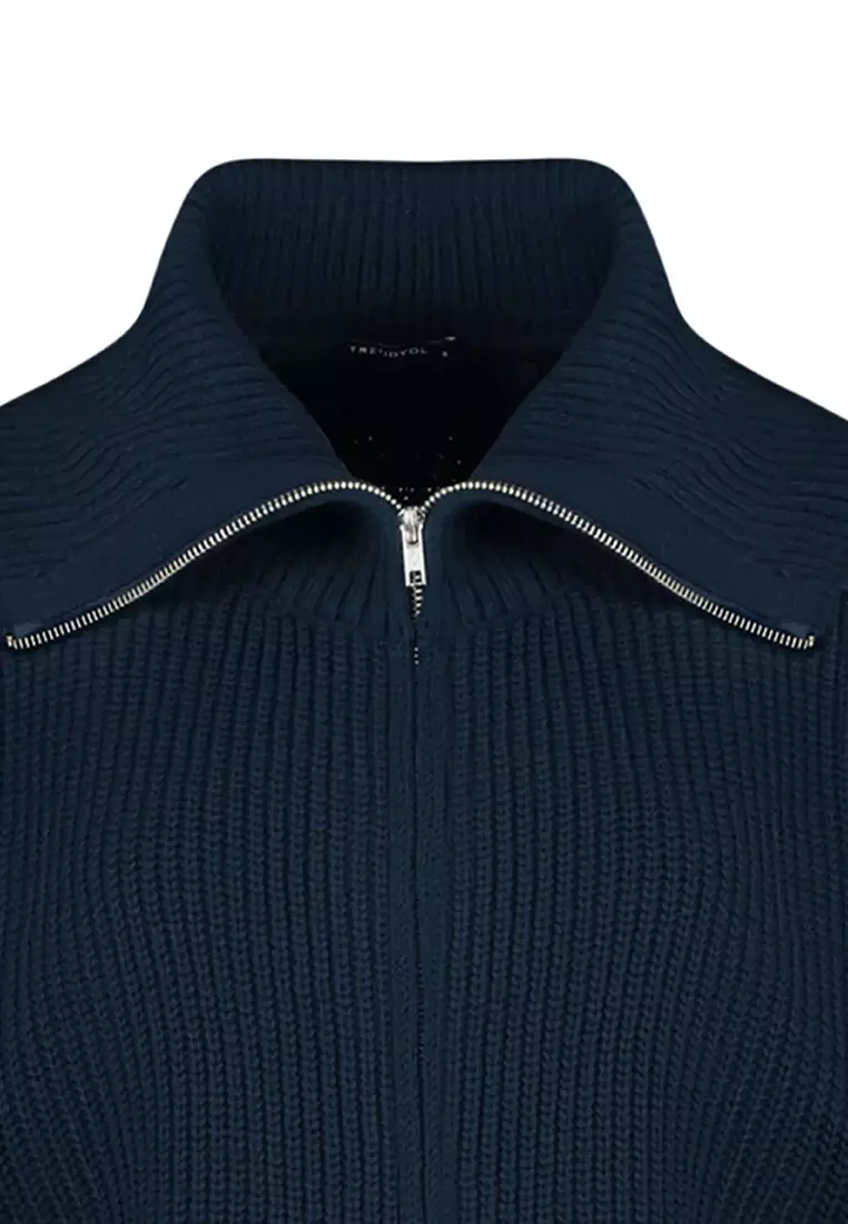 Navy Blue Turn-Down Collar Zippered Crop Knitwear Cardigan Tbbaw25Av00009