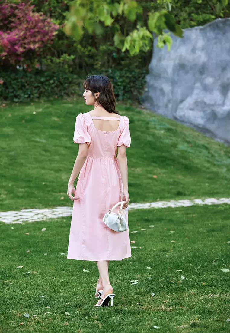 Plain Puff Sleeve Square Neck Summer Dress