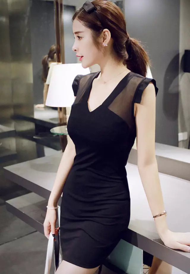 Korean Style Sexy V-Neck Mesh Stitching Wrap Hip One Piece Dress A2102238