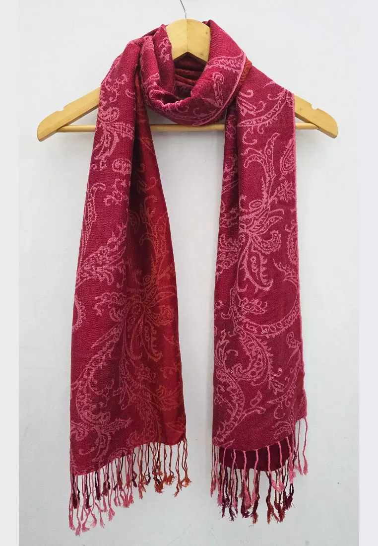 Aksesoris Wanita Gradient Reversible Viscose Floral Pattern Pashmina Shawl Syal Gradasi Wanita Maroon & Red