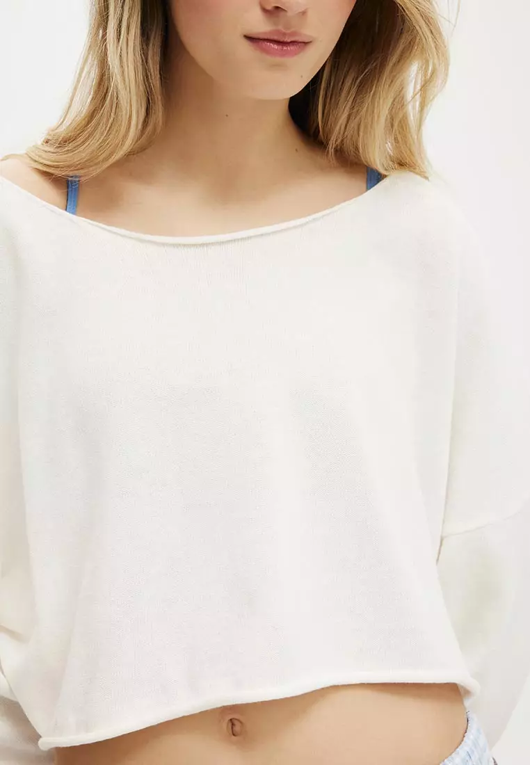 Off Shoulder Cropped Knit Sweater