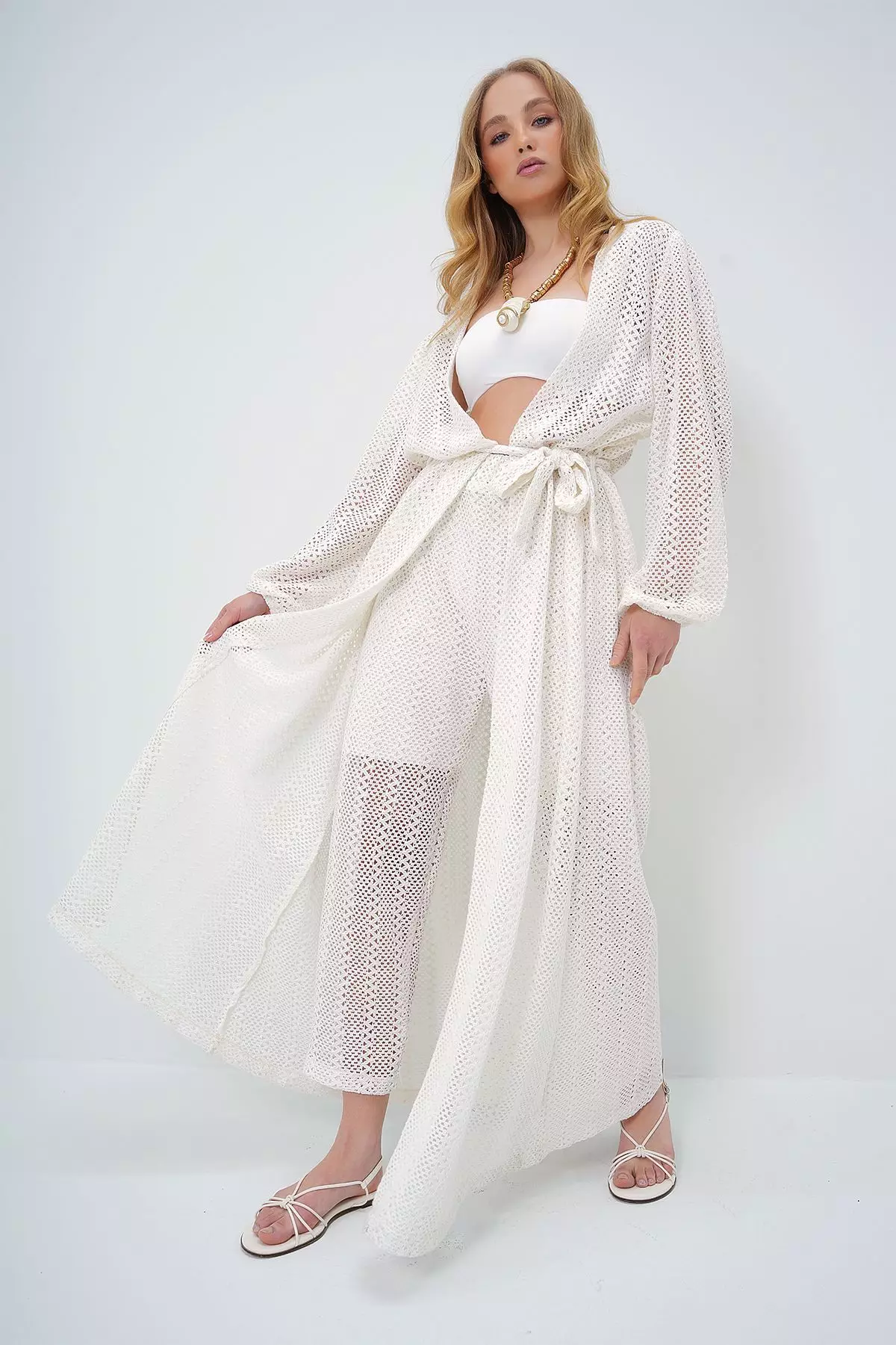 Women's Ecru Self-Textured Openwork Long Trouser Kimono Set