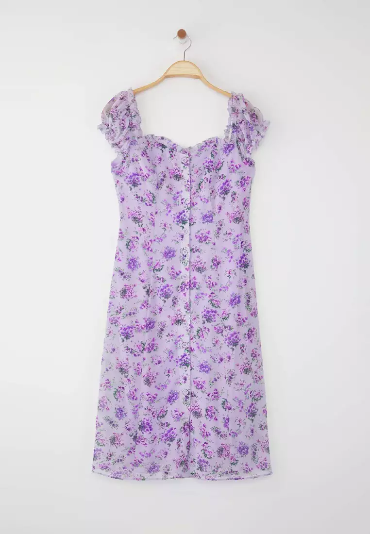 Lilac Floral Midi Lined Chiffon Woven Shirt Dress Twoss25El00563