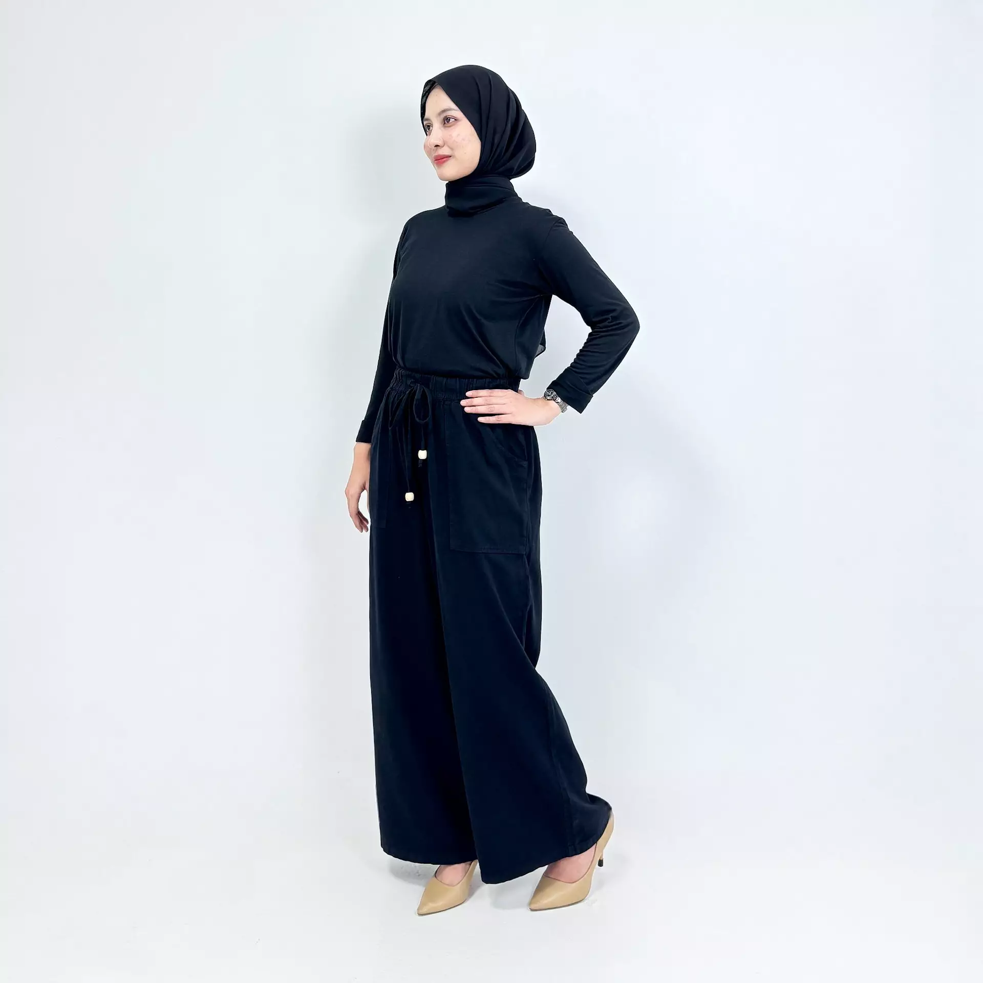Palazzo Denim Lola [HITAM] Celana Panjang Kulot Soft Jeans Wanita Panjang 103 cm