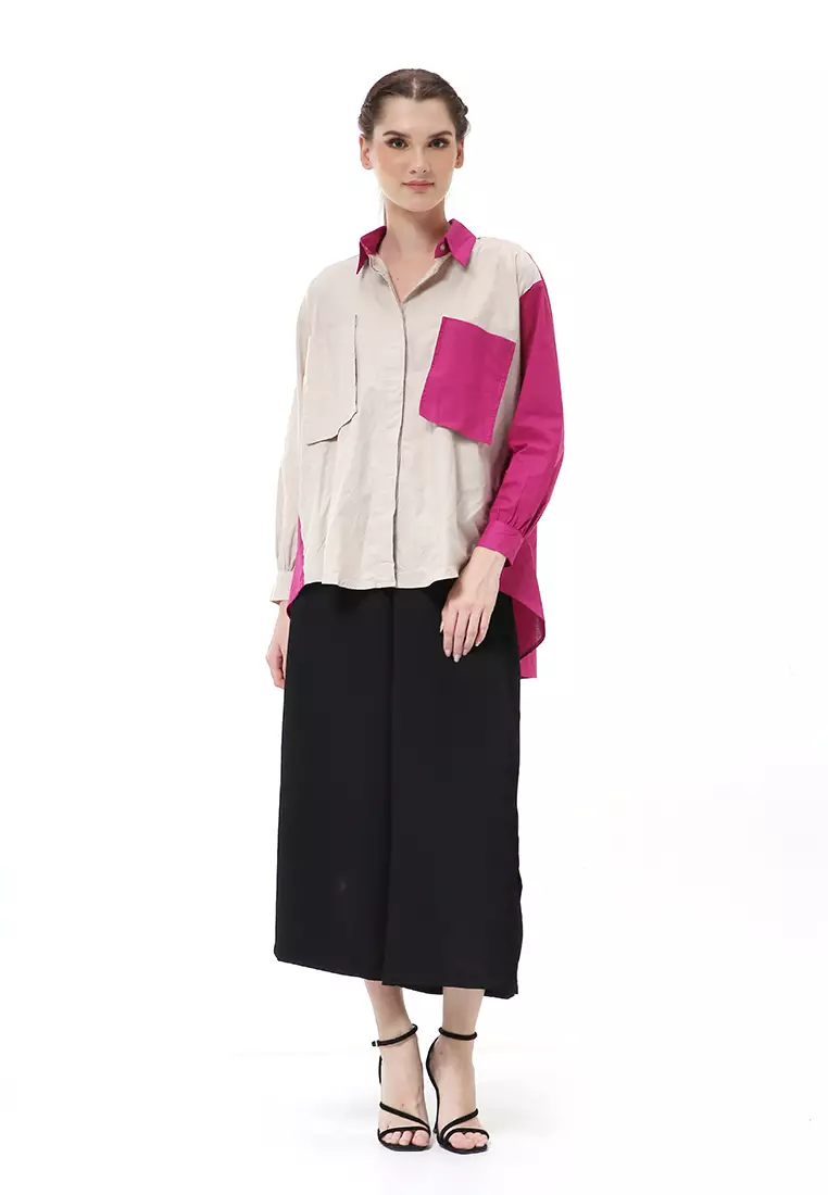 Brielle Atasan Wanita Kemeja Lengan Panjang Model Dua Warna Shirt Two Tone Material Cotton ORIGINAL - Beige Fuschia