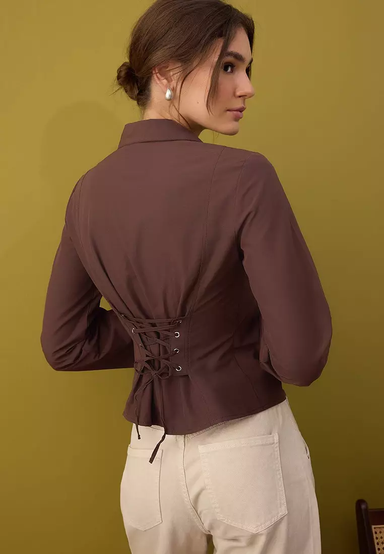 Brown Corset Detailed Fitted Waist Shirt Twoaw26Go55