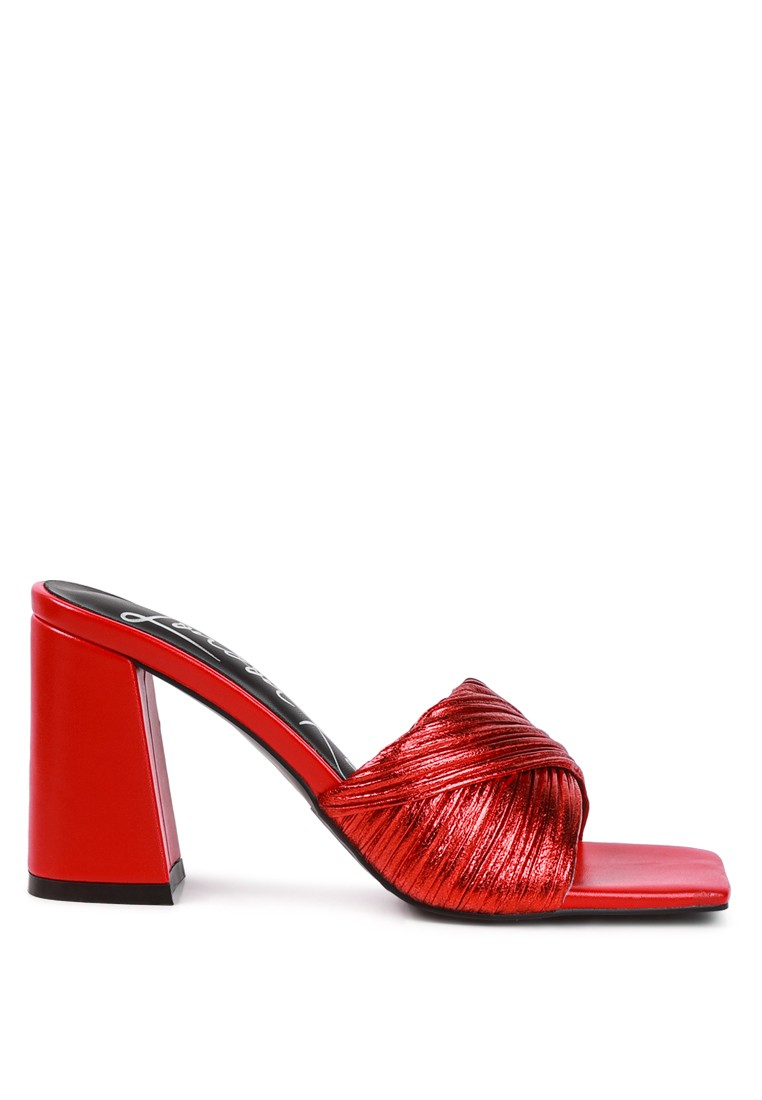 Metallic Red Crinkled High Heeled Block Sandals