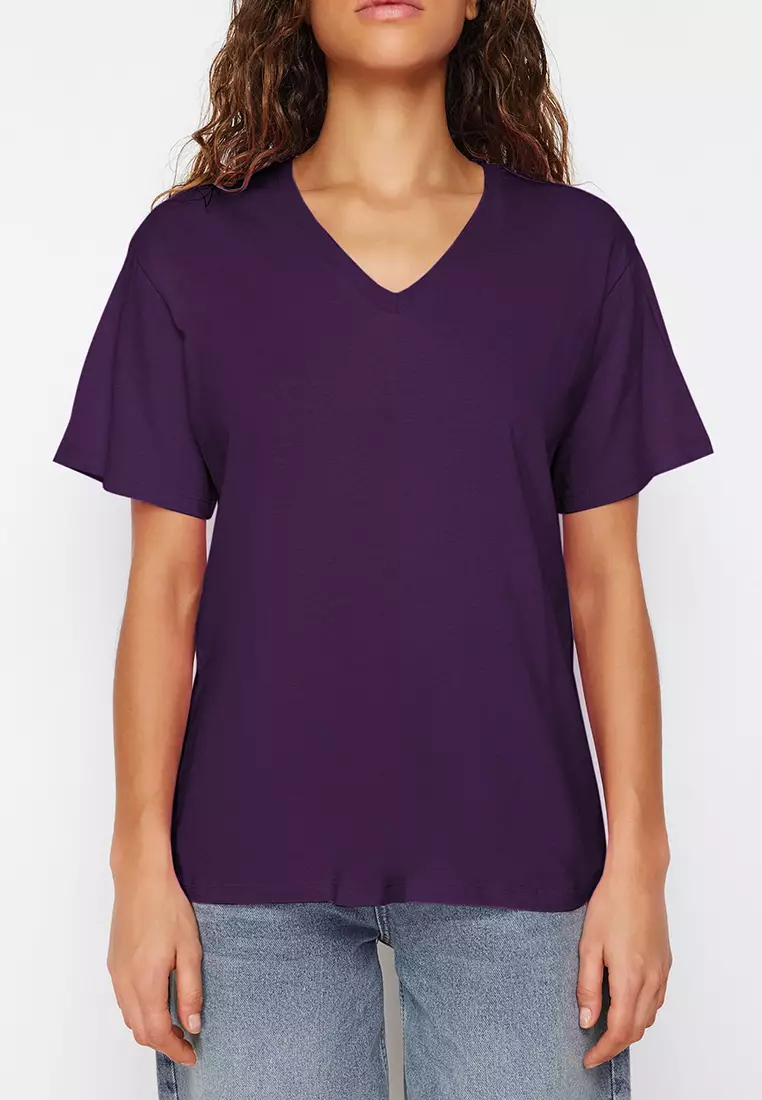 Purple Oversize/Wide Pattern V Neck Knitted T-Shirt