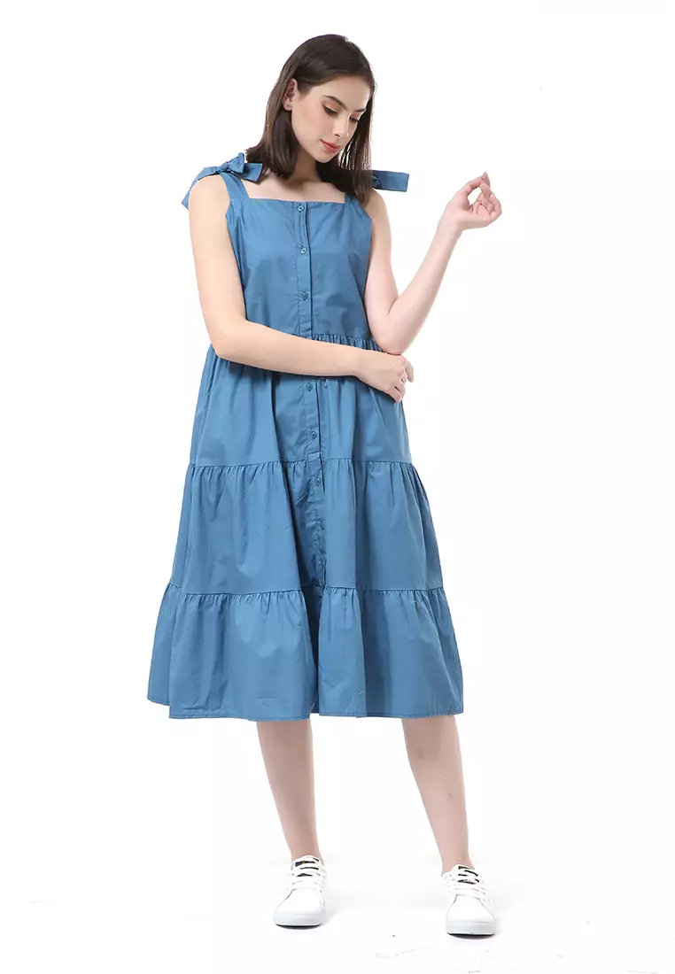 Rachel Dress Ruffle Wanita Tanpa Lengan Full Kancing Stylish Material Cotton ORIGINAL - Blue