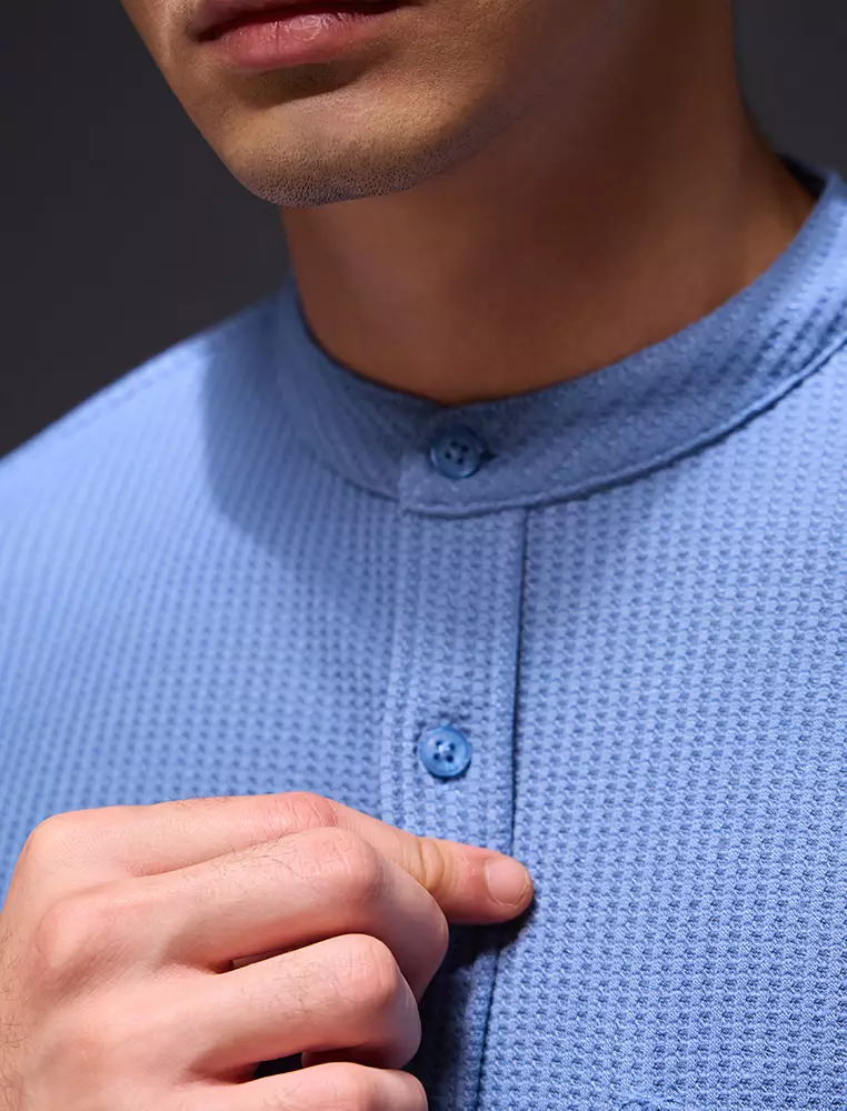 OXCON kemeja Tangan Pendek Waffle Kerah Collarless Denim Blue