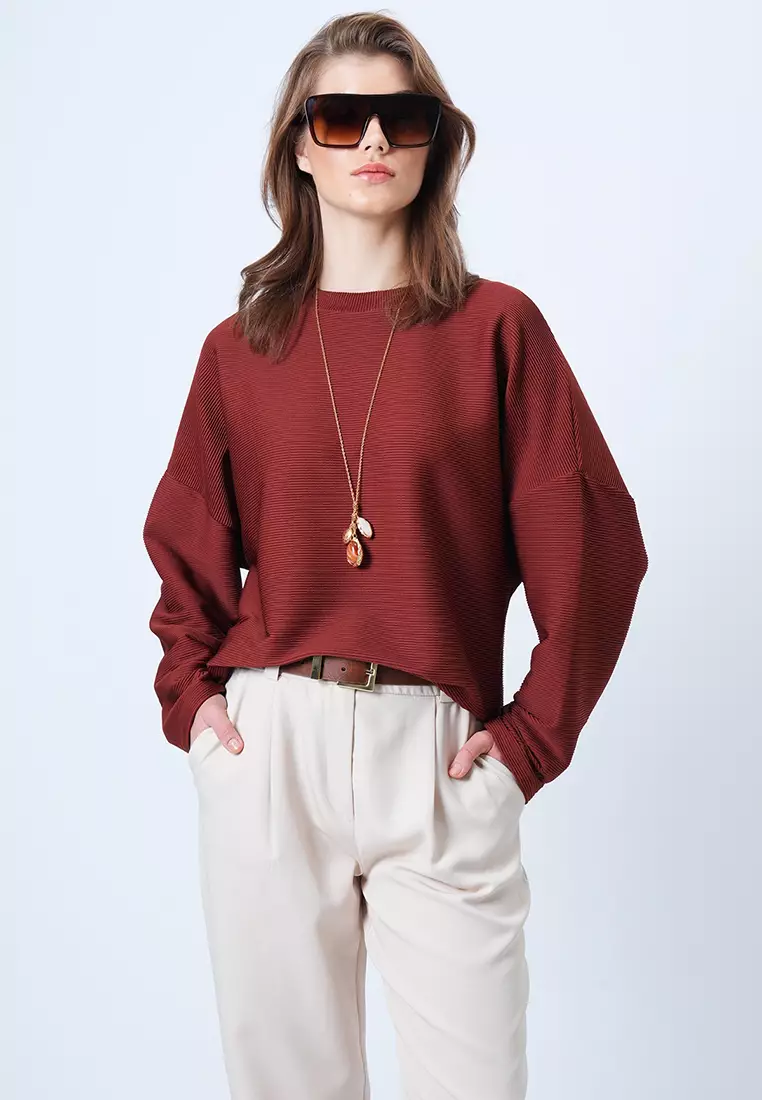Crew Neck Wide Cut Bat Sleeve Basic Blouse