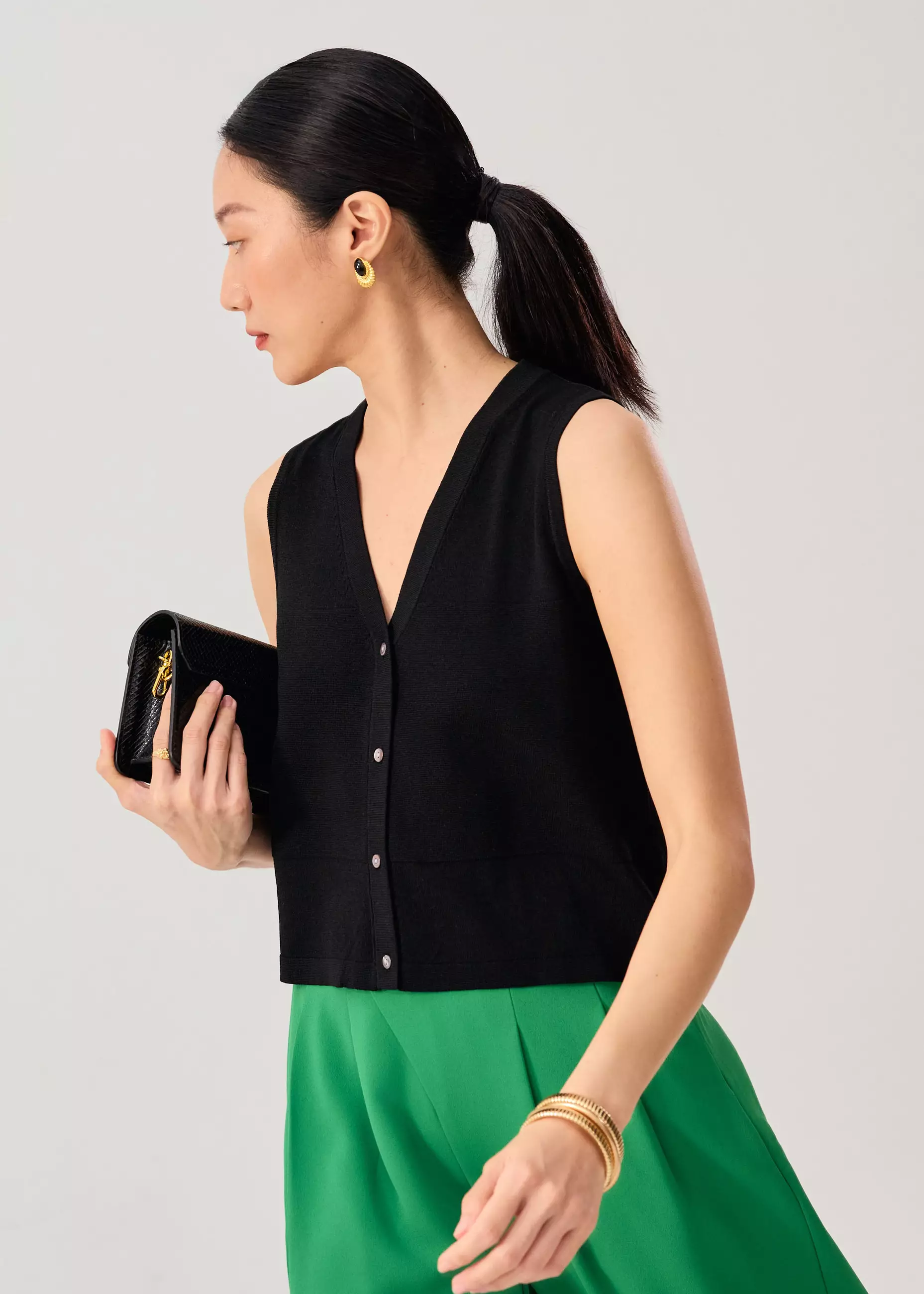 Vest Wanita - Sheer Knit Front Panel V-Neck Vest Top