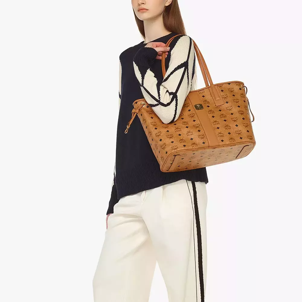 Medium Reversible Cubic Liz Visetos Shopper Bag Cognac