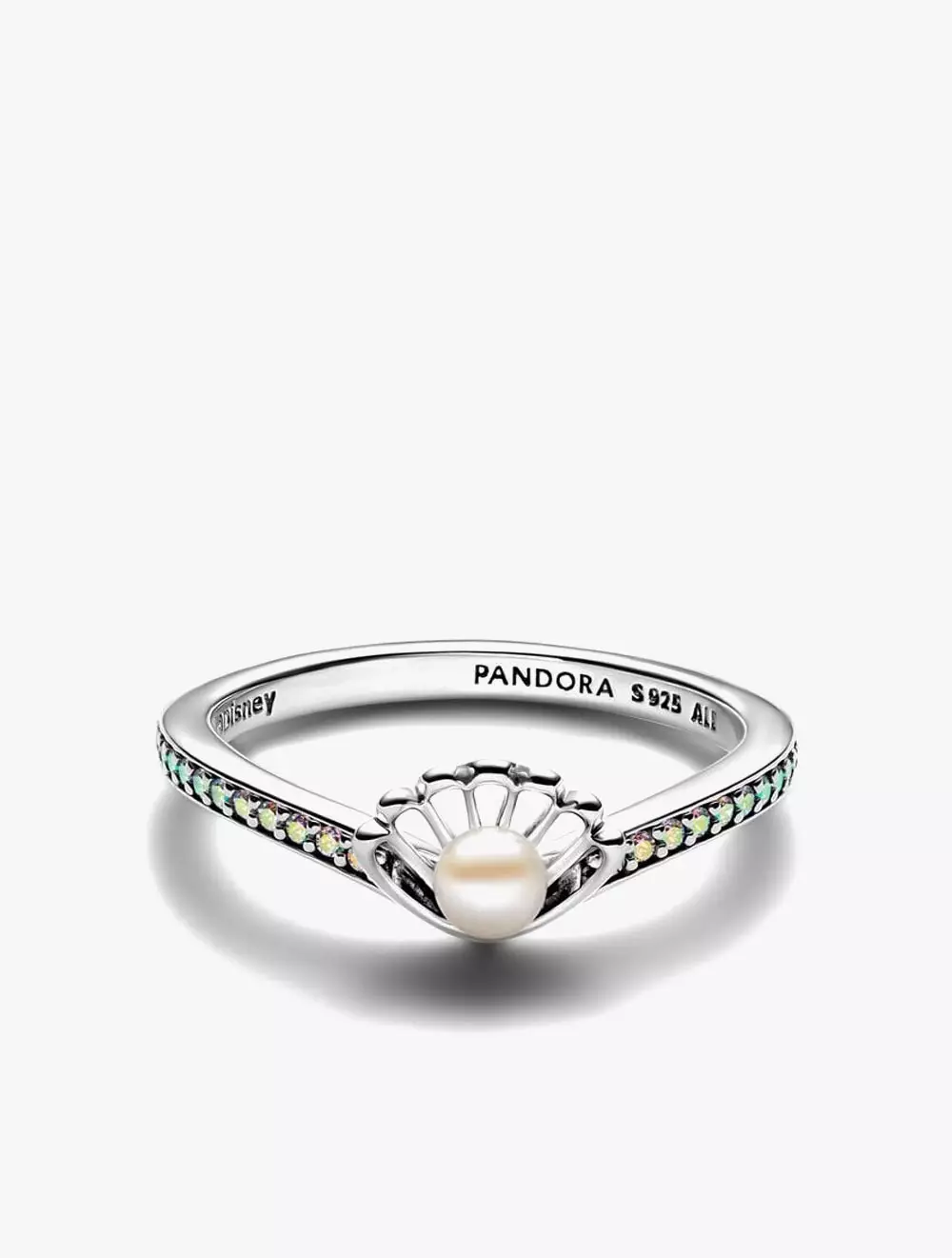 Disney Ariel sterling silver ring with treated white freshwater cultured pearl and aurora borialis cubic zirconia