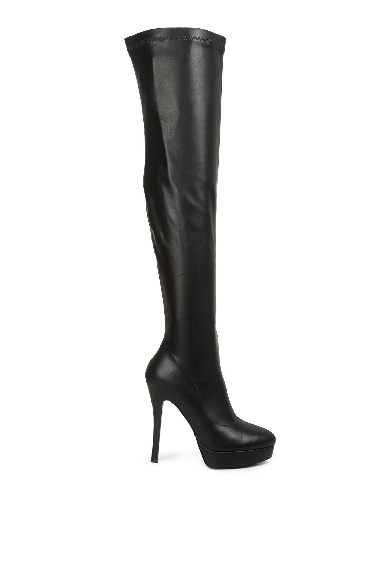 Black Stretch PU High Heeled Long Boots