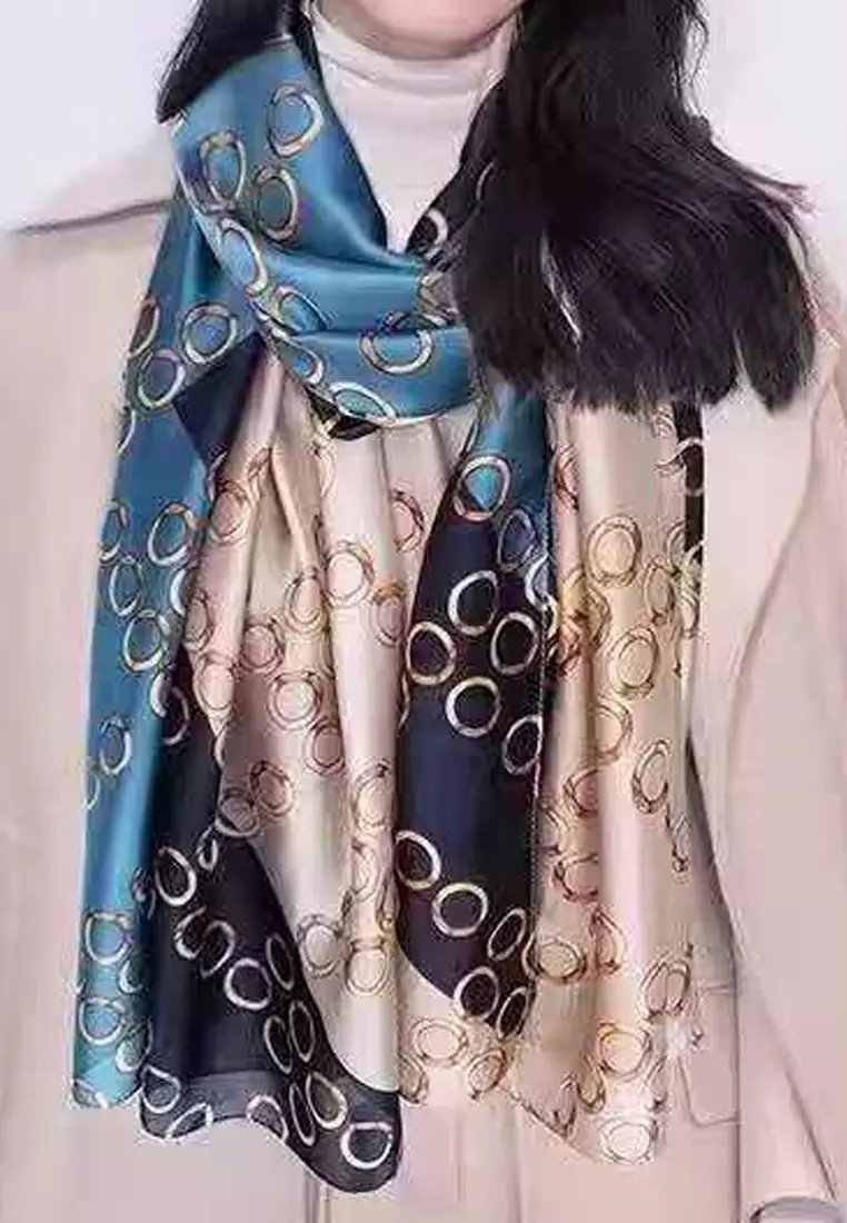 Aksesoris Wanita Glam Silk Large Size Pashmina Syal Wanita Blue & Gold