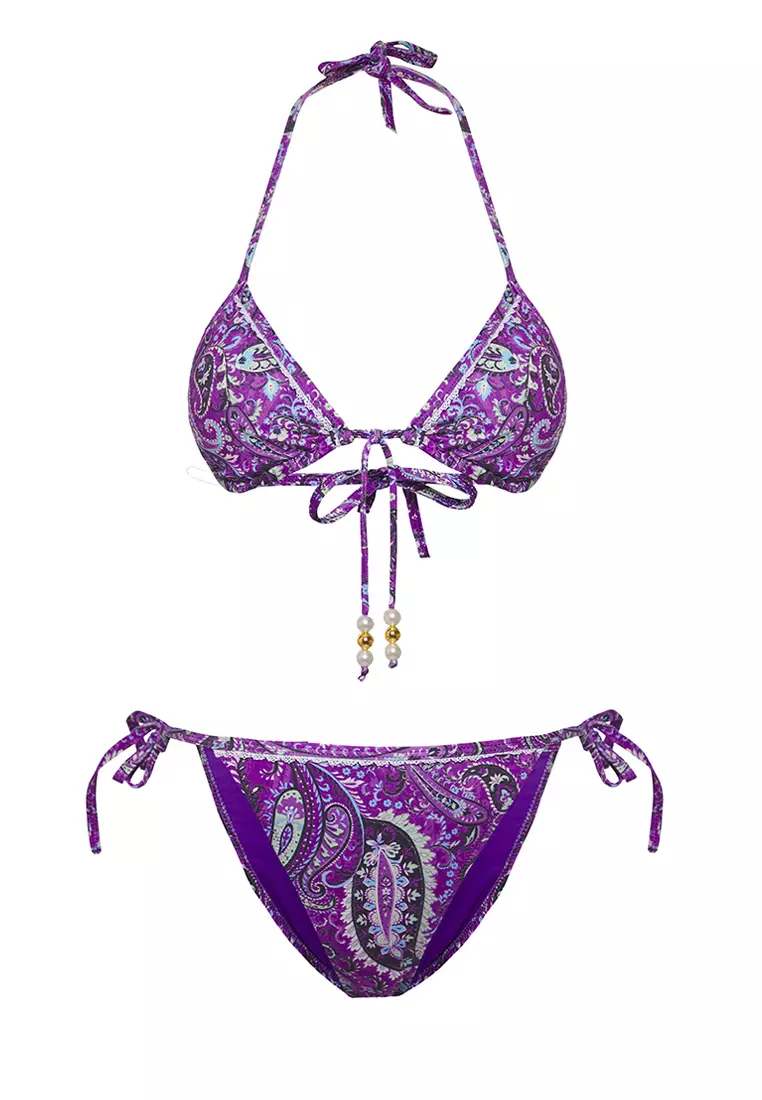 Shawl Patterned Triangle Bead Accessory Regular Pretty Bikini Set