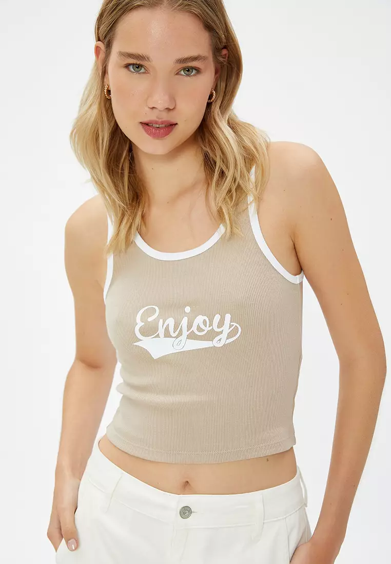 Slogan Printed Ribbed Top