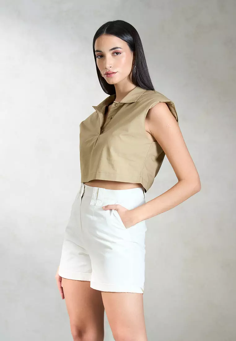 VIRGIO 100% Cotton Crop Shirt With Padded Shoulder