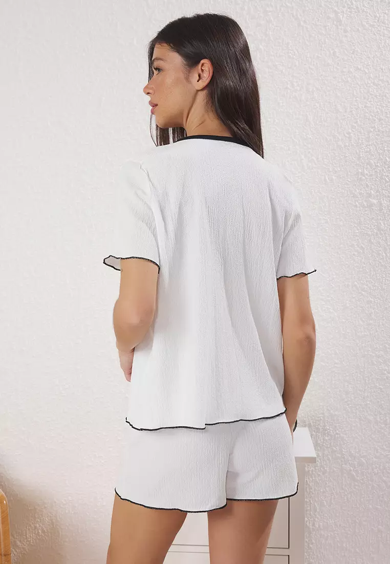 White Piping Detailed Crepe Shorts Knitted Pajama Set THMSS25PT00438