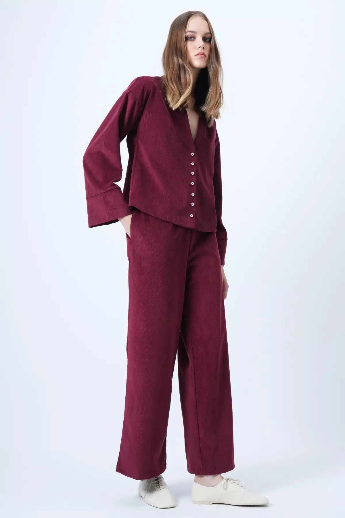 Burgundy Hakim Collar Gold Button Detailed Velvet Jacket And Palazzo Trousers Two-Piece Set Alc-X14633