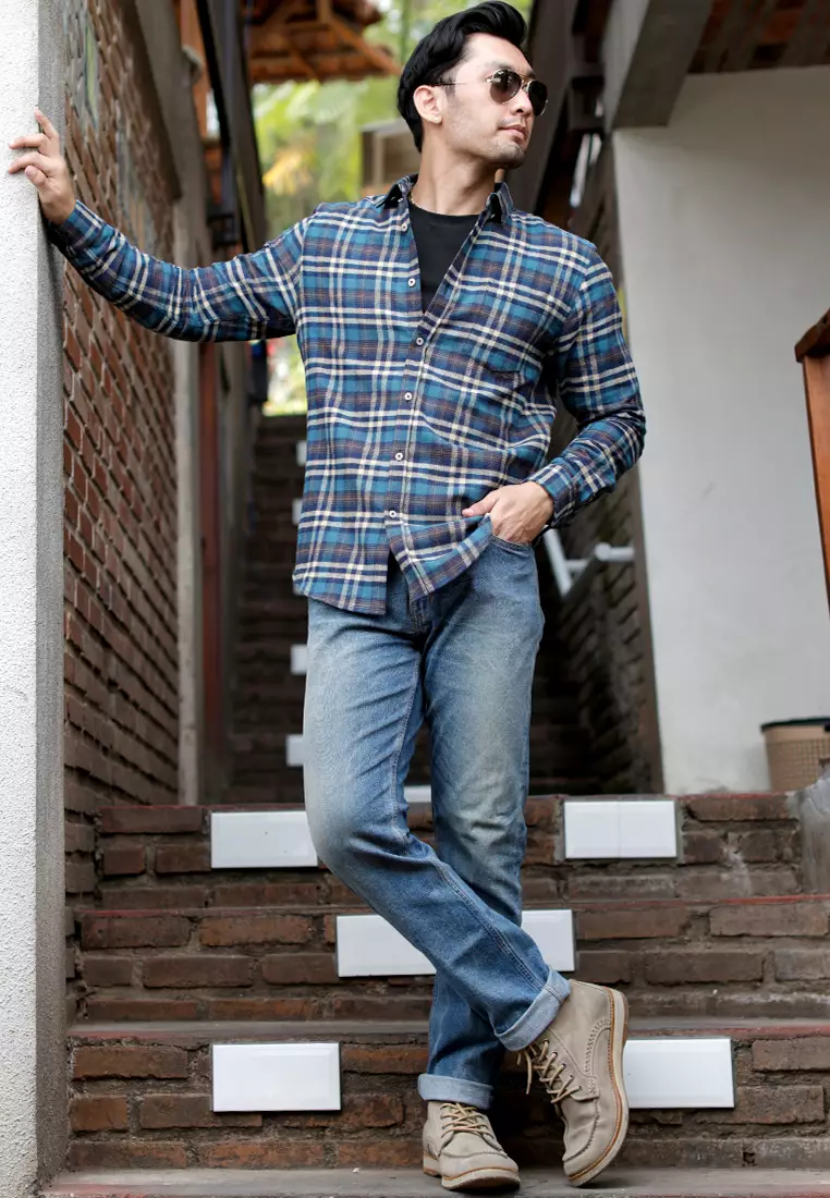 OXCON Extra Comfort Authentic Flannel Shirt Turqoise Cream