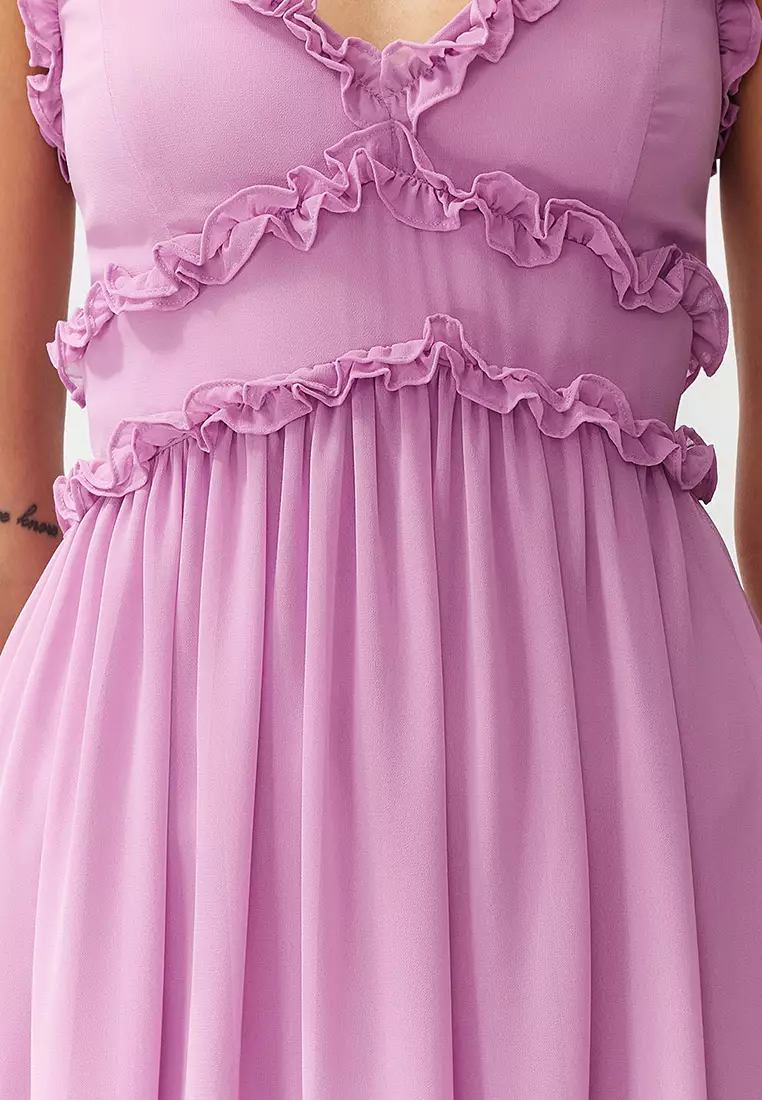 Fuchsia Floral Print A-Cut Ruffle Detailed Lined Chiffon Maxi Woven Dress