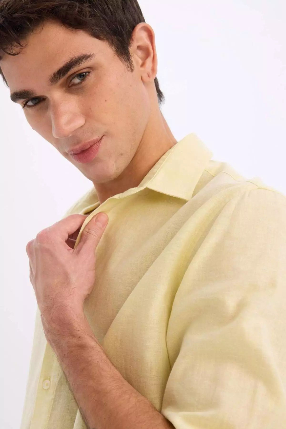 Regular Fit Polo Collar Linen Blended Summer Long Sleeve Shirt E0555Ax25Sm