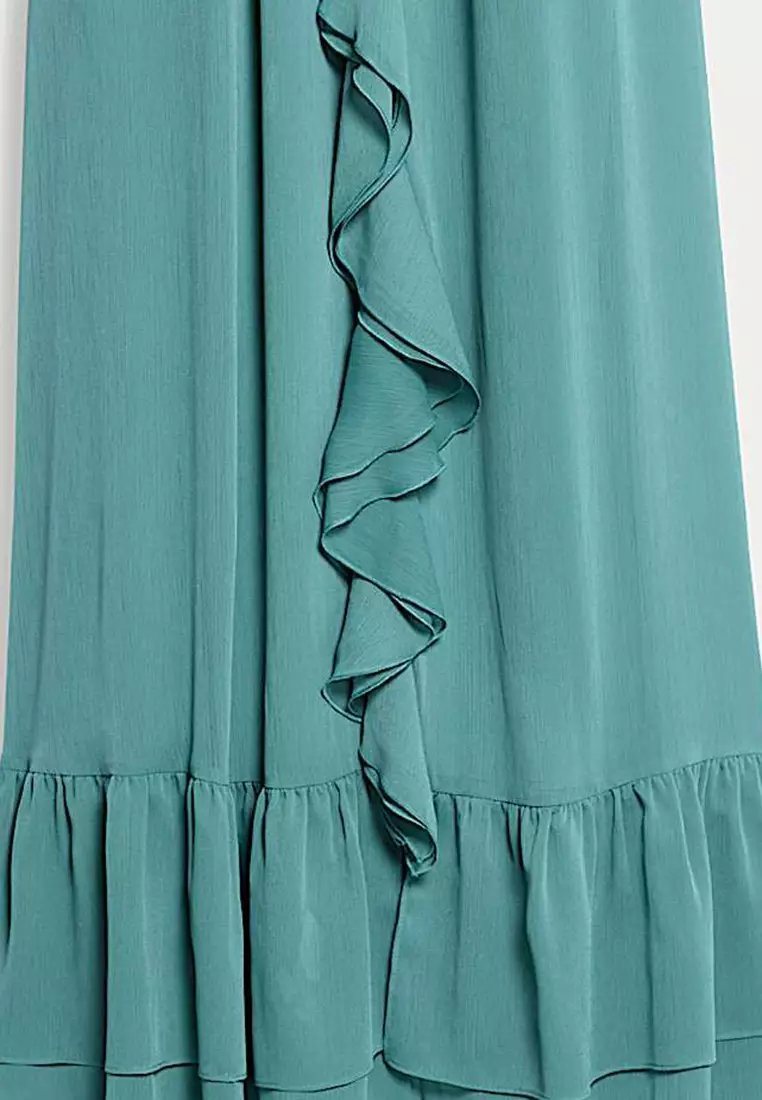V-Neck Frill Detail Maxi Column Dress