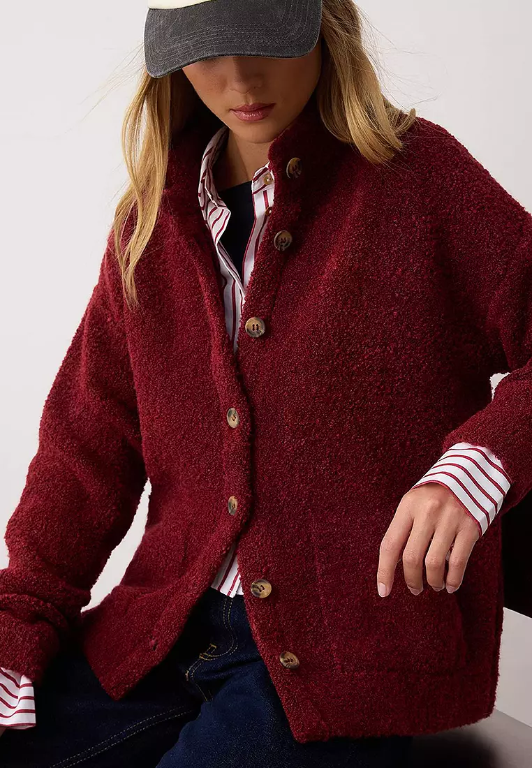 Boucle/Textured Yarn Wide Pattern Coat-Look Knitwear Cardigan