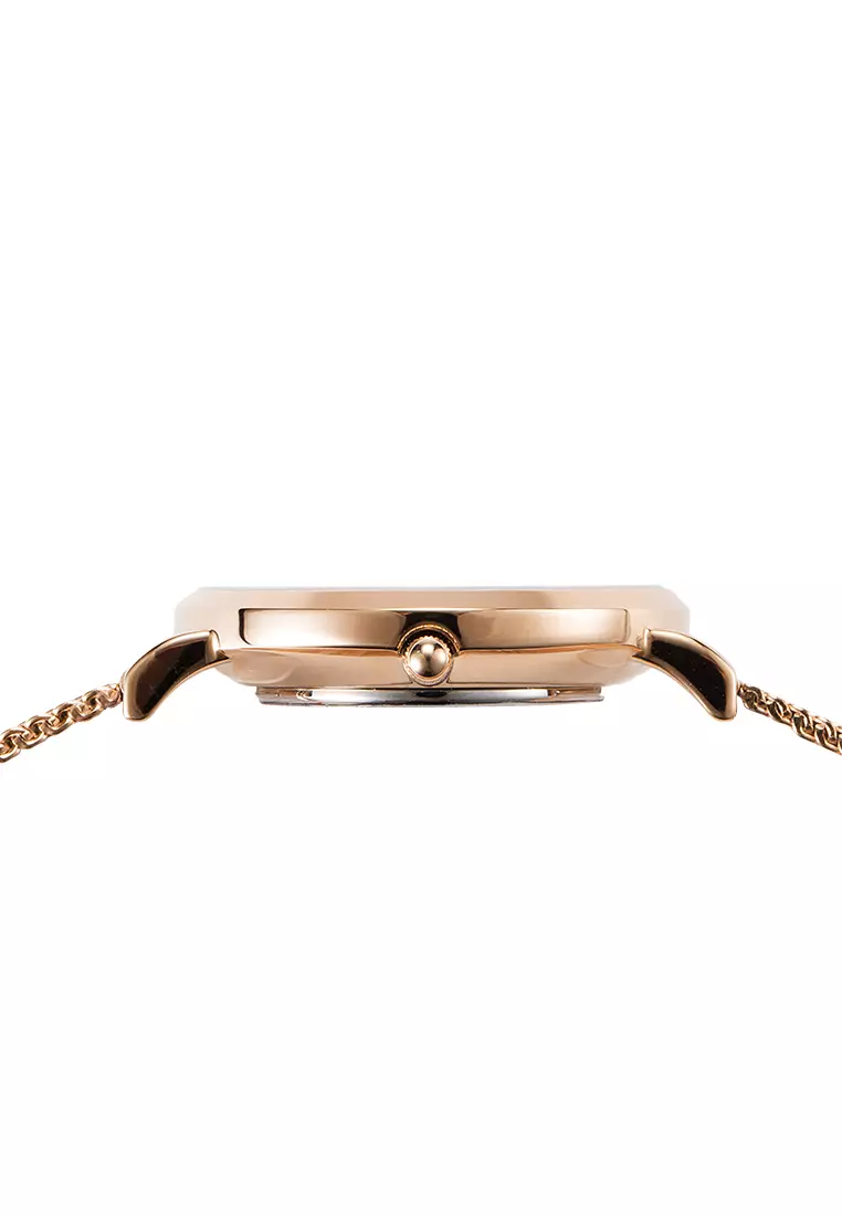 女士手表 玫瑰金色 不鏽鋼網狀表帶 33mm表殼 白色表盤-玫瑰金