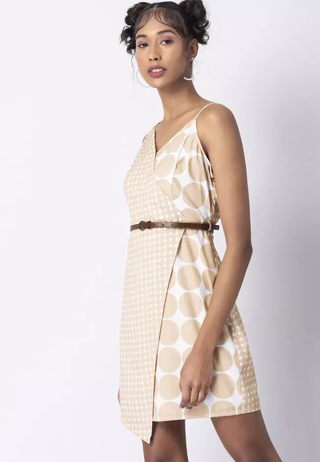 Beige Polka Asymmetric Hem Dress with Tan Belt