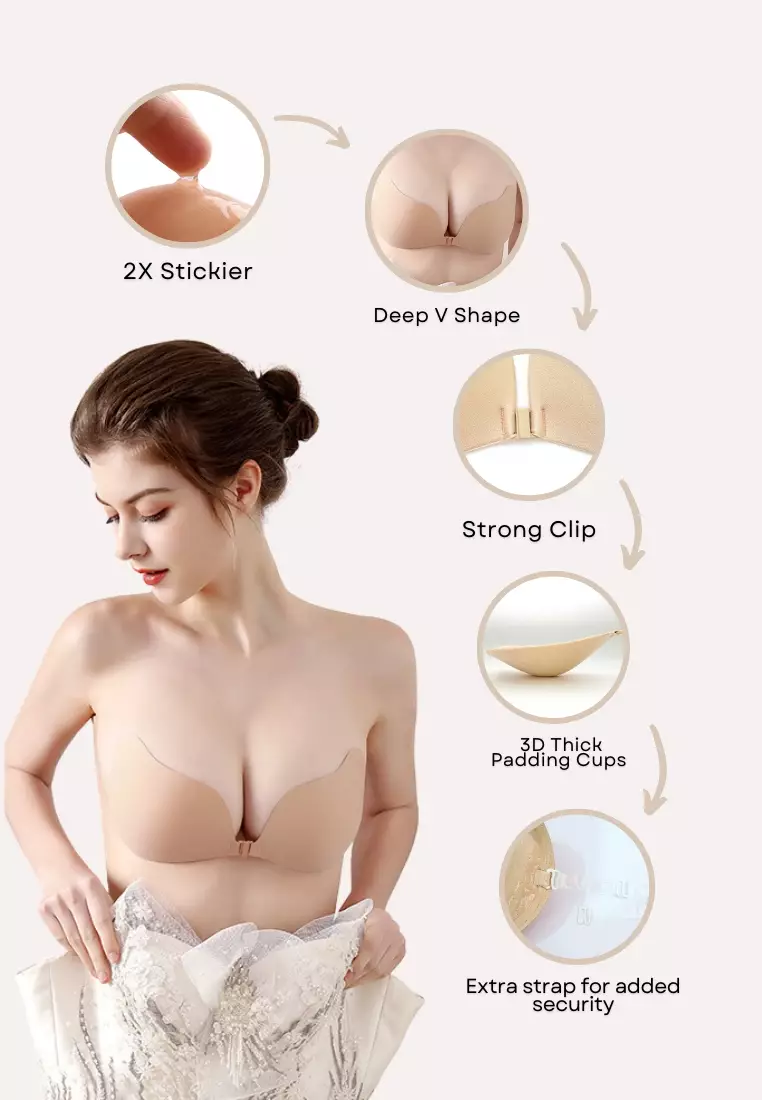 Spencer 2Pack Womens Push Up Plunge Sticky Adhesive Bra Reusable Deep  U-Shaped Strapless Backless Breast Lifting Bra, B Cup 