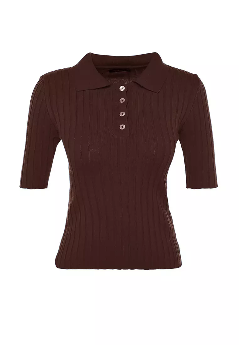 Brown Basic Polo Neck T-Shirt Look Knitted Thin Blouse TWOSS20BZ0112