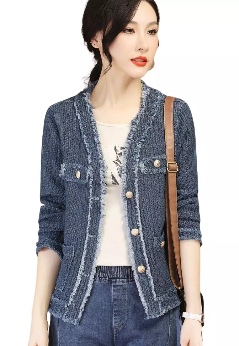 Buy A IN GIRLS Elegant V Neck Frayed Denim Jacket 2024 Online