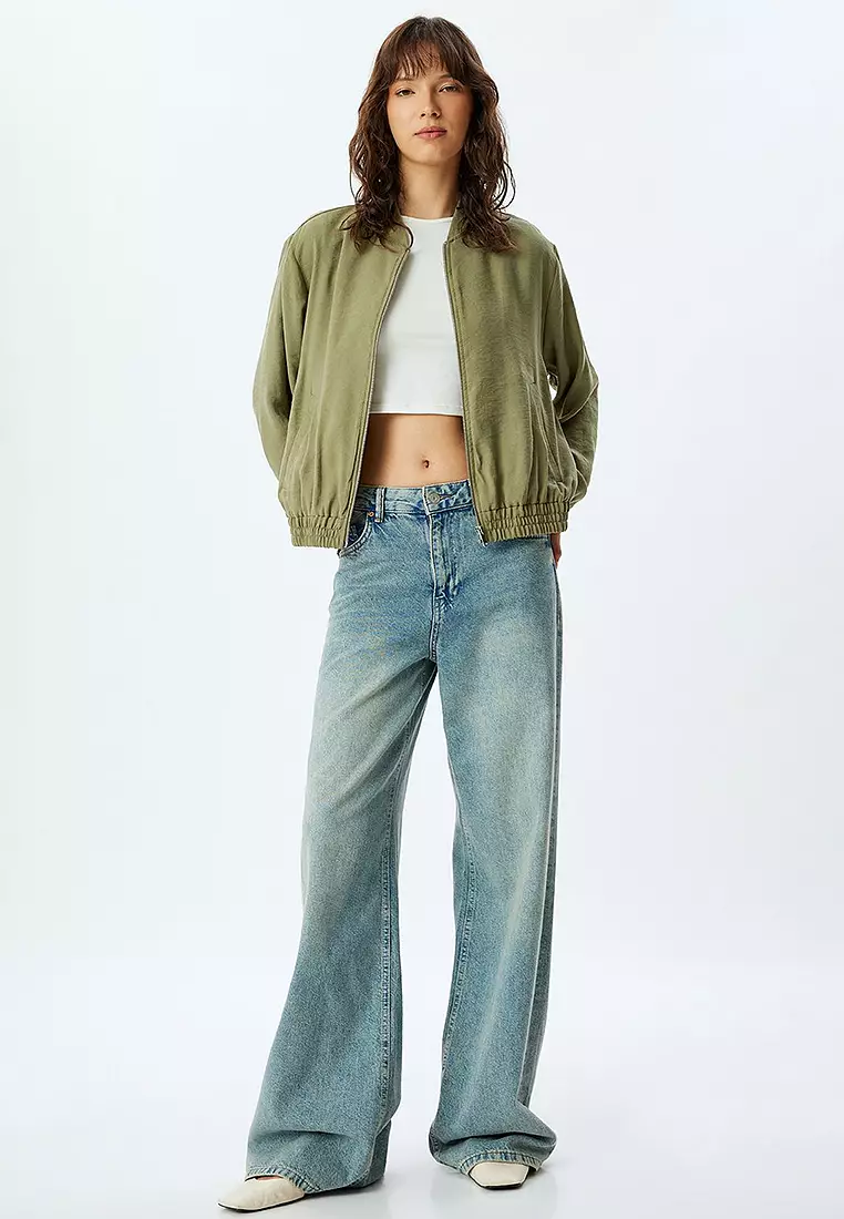 Bomber Jacket Modal Fabric Pocket Round Neck