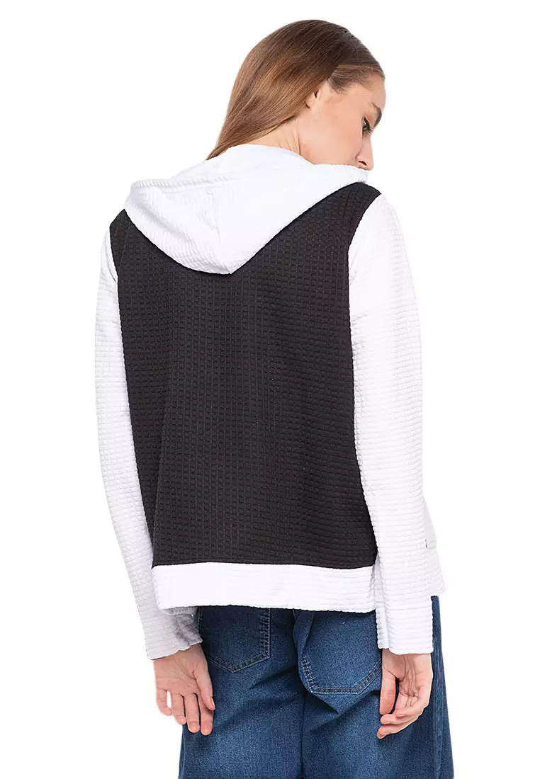 Hernie Long Hoodie Dual Tone Color Lengan Panjang Outerwear Atasan Wanita - Hitam