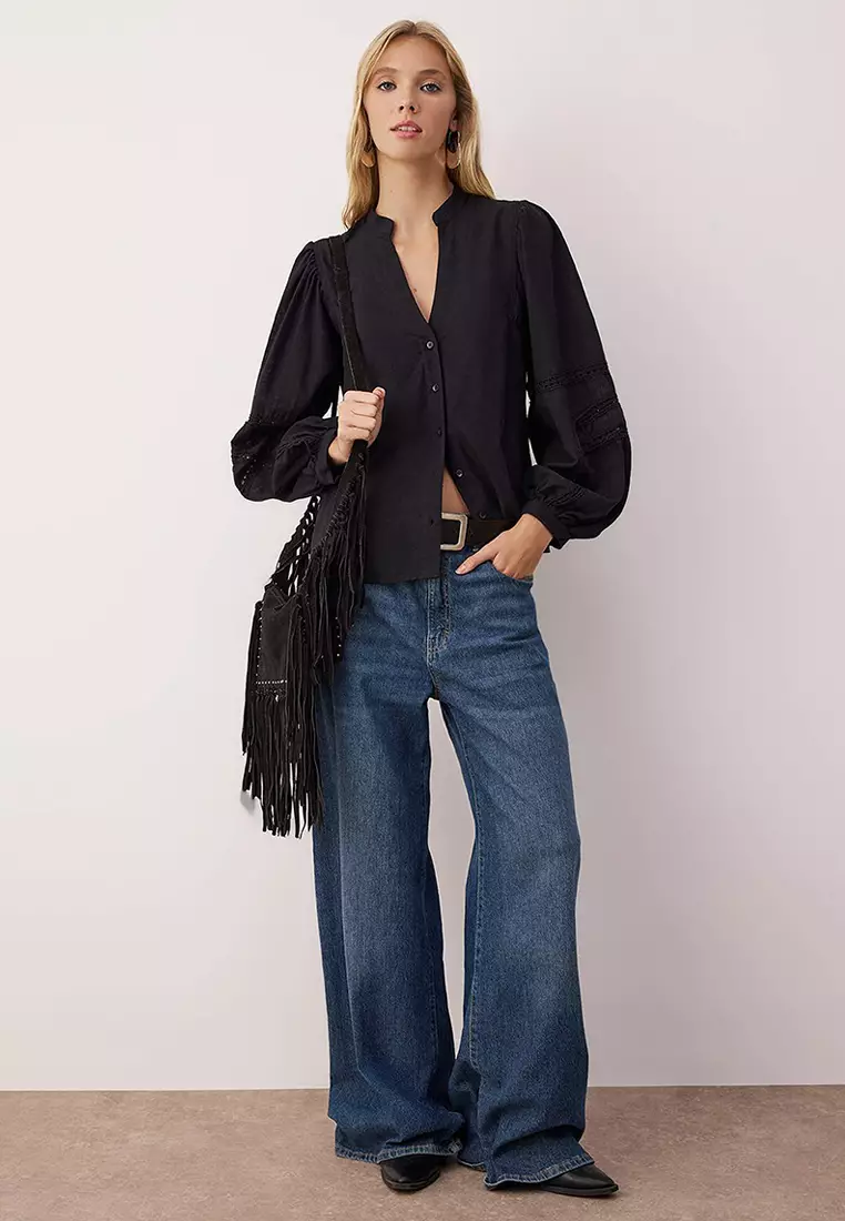 Black Sleeve Lace Stripe Detailed Boho Shirt