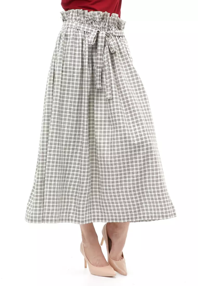 Amel Long Skirt Bawahan Wanita Motif Kotak-Kotak Regular Fit - White