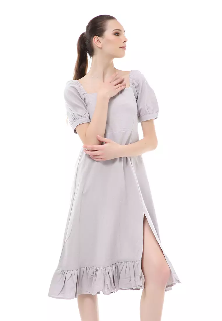 Rachel Midi Dress Rample Wanita Vintage Bottom Lengan Pendek Material Linen ORIGINAL - Gray