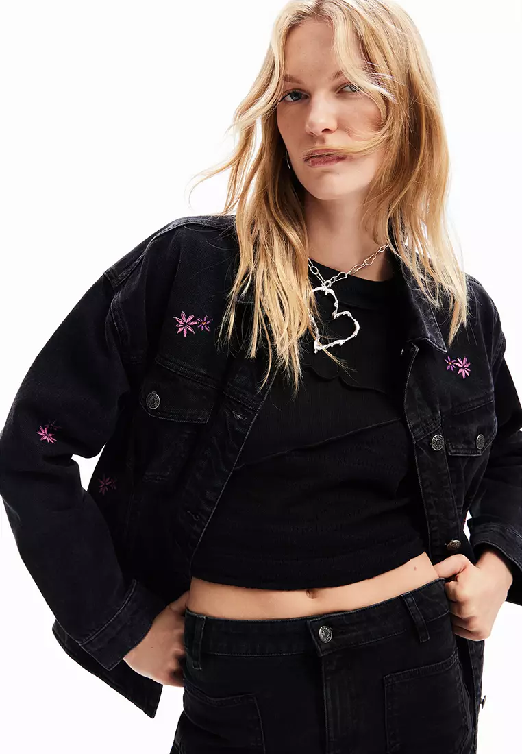 Desigual Woman Floral denim trucker jacket.